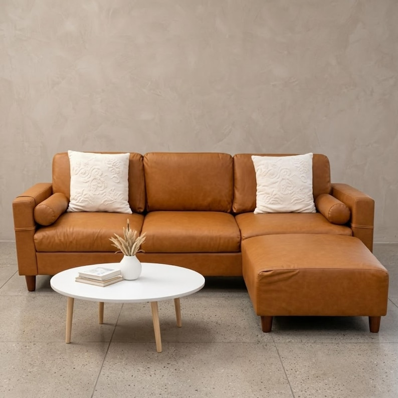 Mid Century Modern Brown Faux Leather Sofa with Ottoman