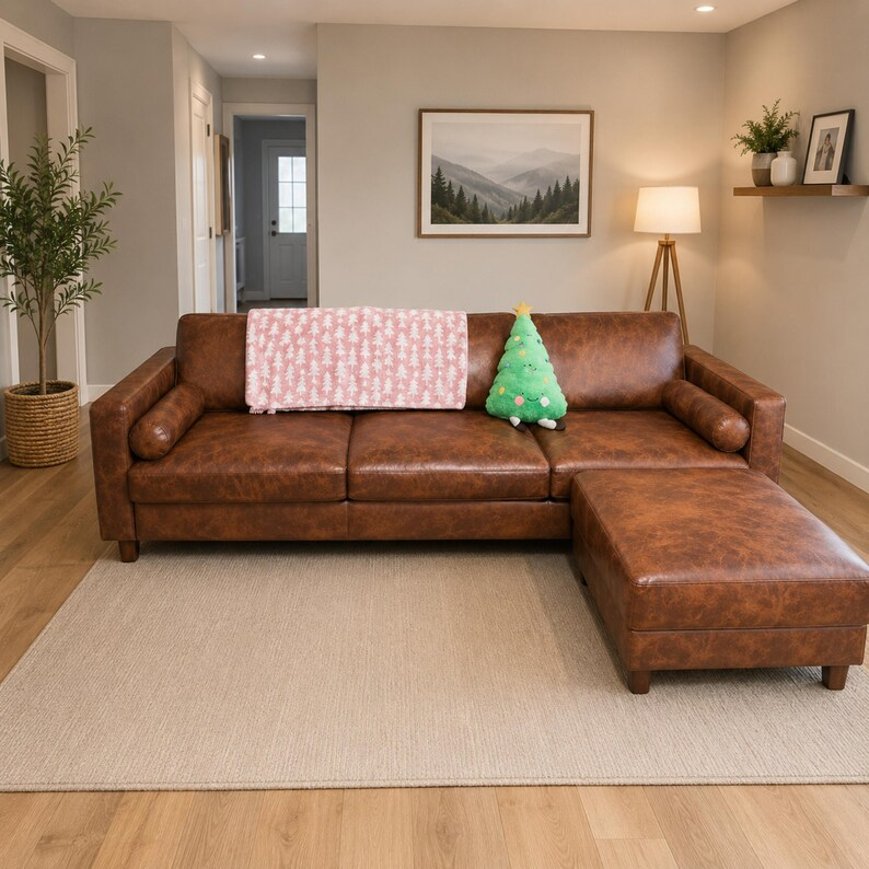 Mid Century Modern Brown Faux Leather Sofa with Ottoman