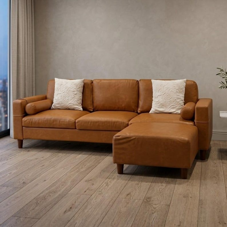 Mid Century Modern Brown Faux Leather Sofa with Ottoman