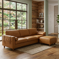 Mid Century Modern Brown Faux Leather Sofa with Ottoman