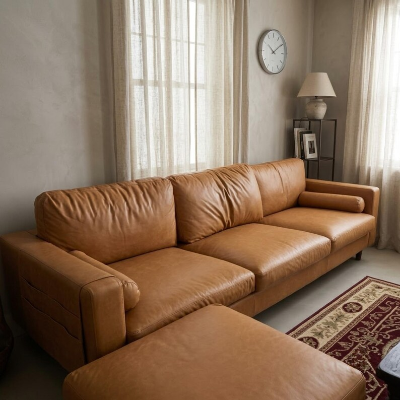 Mid Century Modern Brown Faux Leather Sofa with Ottoman