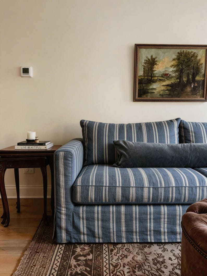 Perfectly-fitting Cover for Your Sofa | Scetionals | Chair | Distressed Blue-striped Linen Sofa