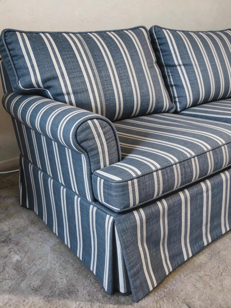 Perfectly-fitting Cover for Your Sofa | Scetionals | Chair | Distressed Blue-striped Linen Sofa