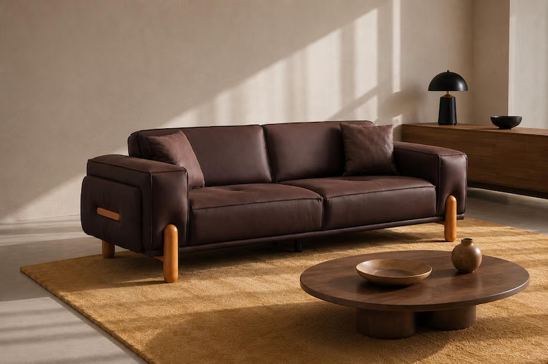 Mid Century Brown Sofa 3 Seater Modern Couch with Wood Legs