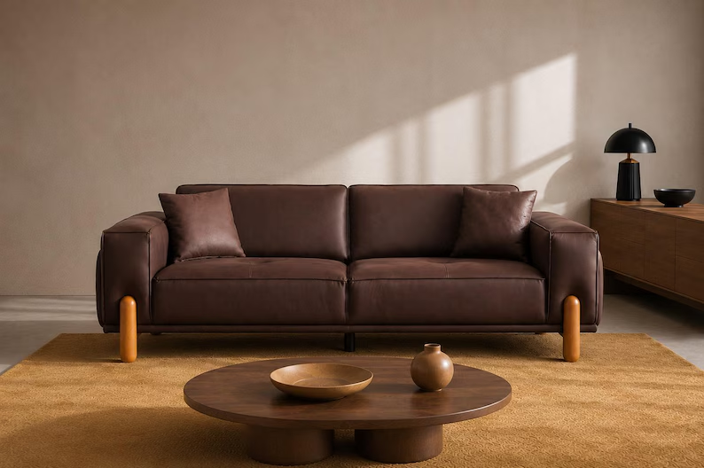 Mid Century Brown Sofa 3 Seater Modern Couch with Wood Legs
