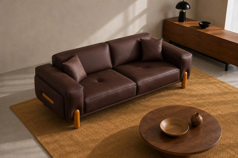 Mid Century Brown Sofa 3 Seater Modern Couch with Wood Legs