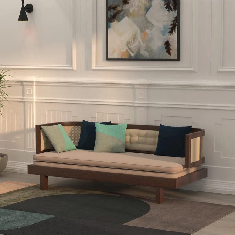 Curved Rattan Sofa Bed | Upholstered Cane Daybed with Pull Out Guest Bed | Mid Century Convertible Couch