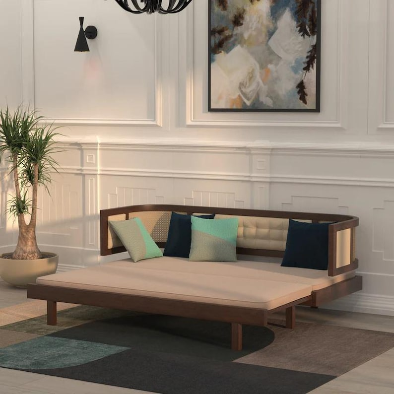 Curved Rattan Sofa Bed | Upholstered Cane Daybed with Pull Out Guest Bed | Mid Century Convertible Couch
