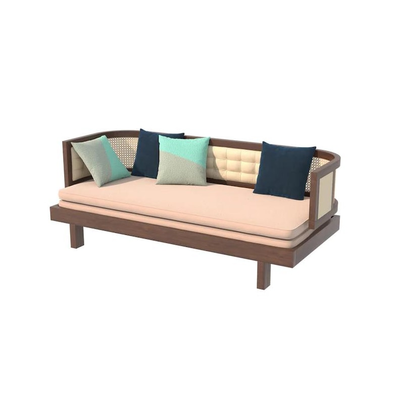 Curved Rattan Sofa Bed | Upholstered Cane Daybed with Pull Out Guest Bed | Mid Century Convertible Couch