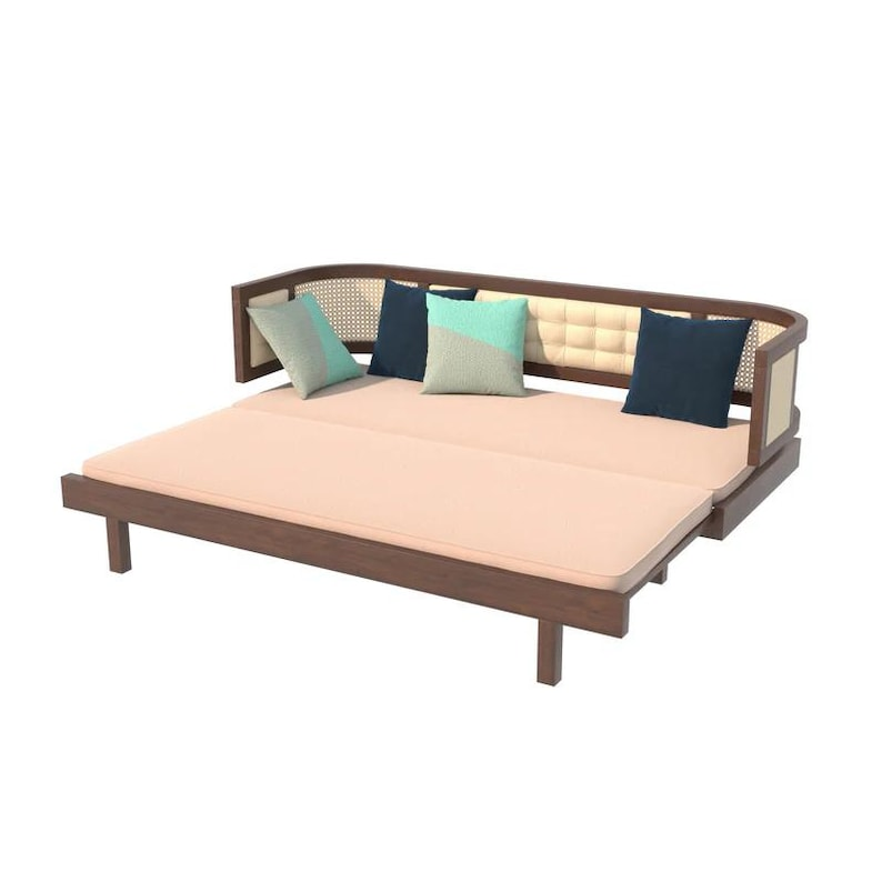 Curved Rattan Sofa Bed | Upholstered Cane Daybed with Pull Out Guest Bed | Mid Century Convertible Couch