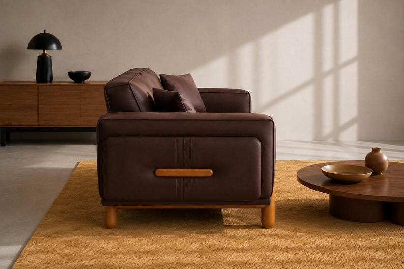 Mid Century Brown Sofa 3 Seater Modern Couch with Wood Legs