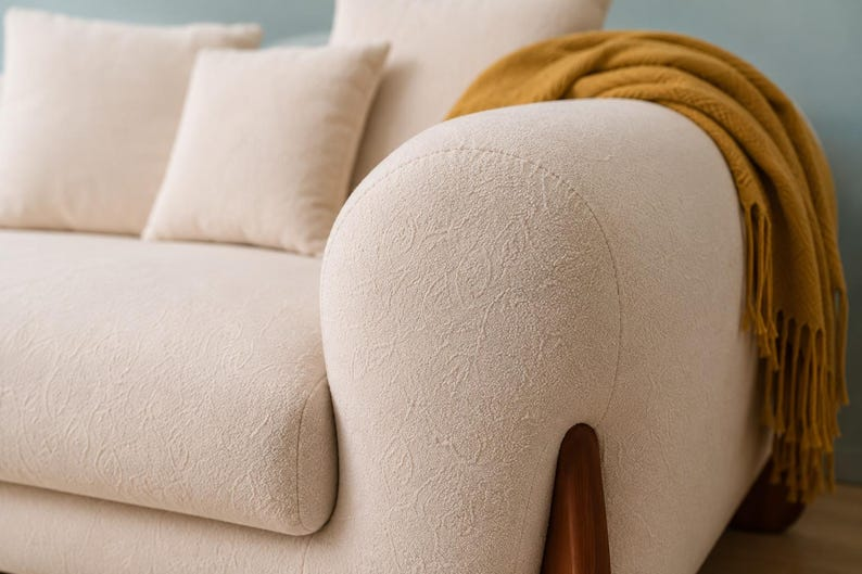 Minimalist Off White Boucle Sofa Modern 3 Seater Cream Couch Luxury Teddy Fabric Sofa with Unique Wooden Base Legs