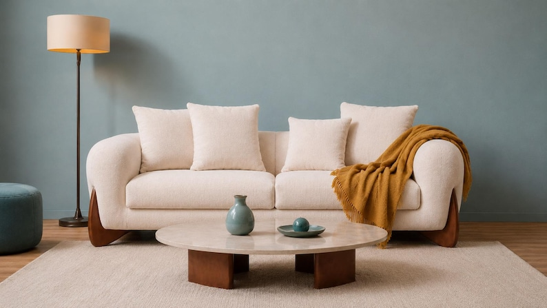 Minimalist Off White Boucle Sofa Modern 3 Seater Cream Couch Luxury Teddy Fabric Sofa with Unique Wooden Base Legs