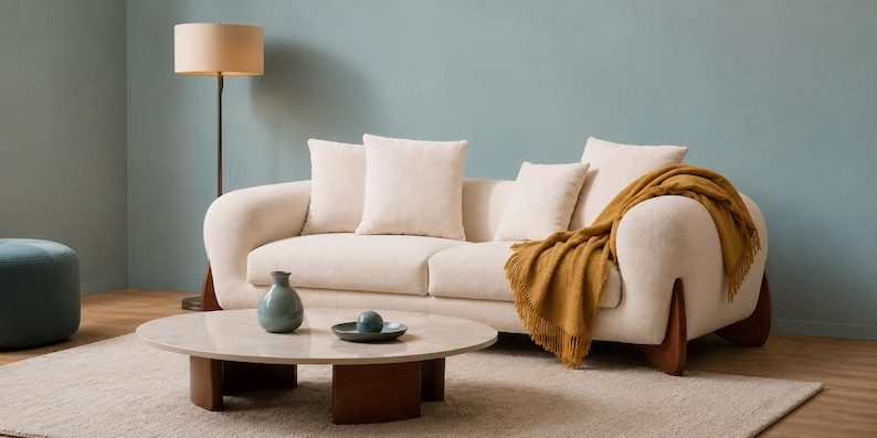 Minimalist Off White Boucle Sofa Modern 3 Seater Cream Couch Luxury Teddy Fabric Sofa with Unique Wooden Base Legs