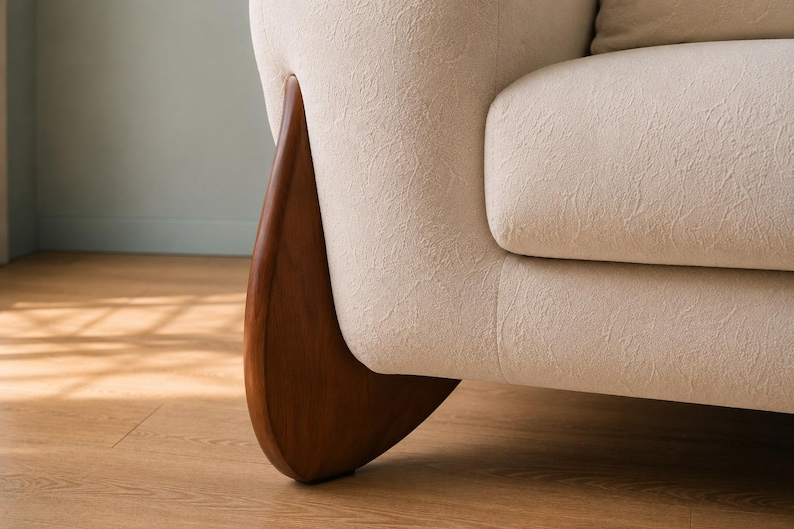 Minimalist Off White Boucle Sofa Modern 3 Seater Cream Couch Luxury Teddy Fabric Sofa with Unique Wooden Base Legs