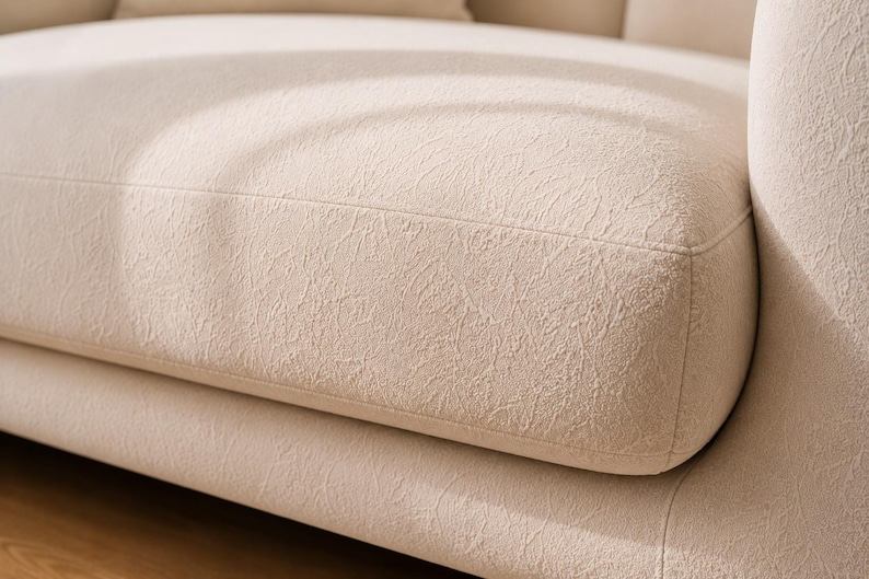 Minimalist Off White Boucle Sofa Modern 3 Seater Cream Couch Luxury Teddy Fabric Sofa with Unique Wooden Base Legs